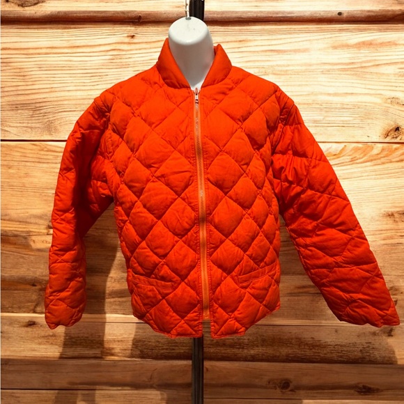 J. Crew Men's Bright Orange Quilted down puffer Jacket size m removable sleeves